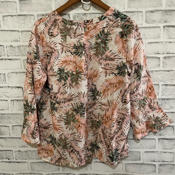 Women’s J.Jill 100% linen pink & green floral tropical cream print blouse Small - Picture 2 of 4
